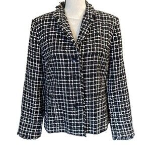 David Brooks Blazer Womens Size 10 Black White Plaid Two Buttons Fringe Classic